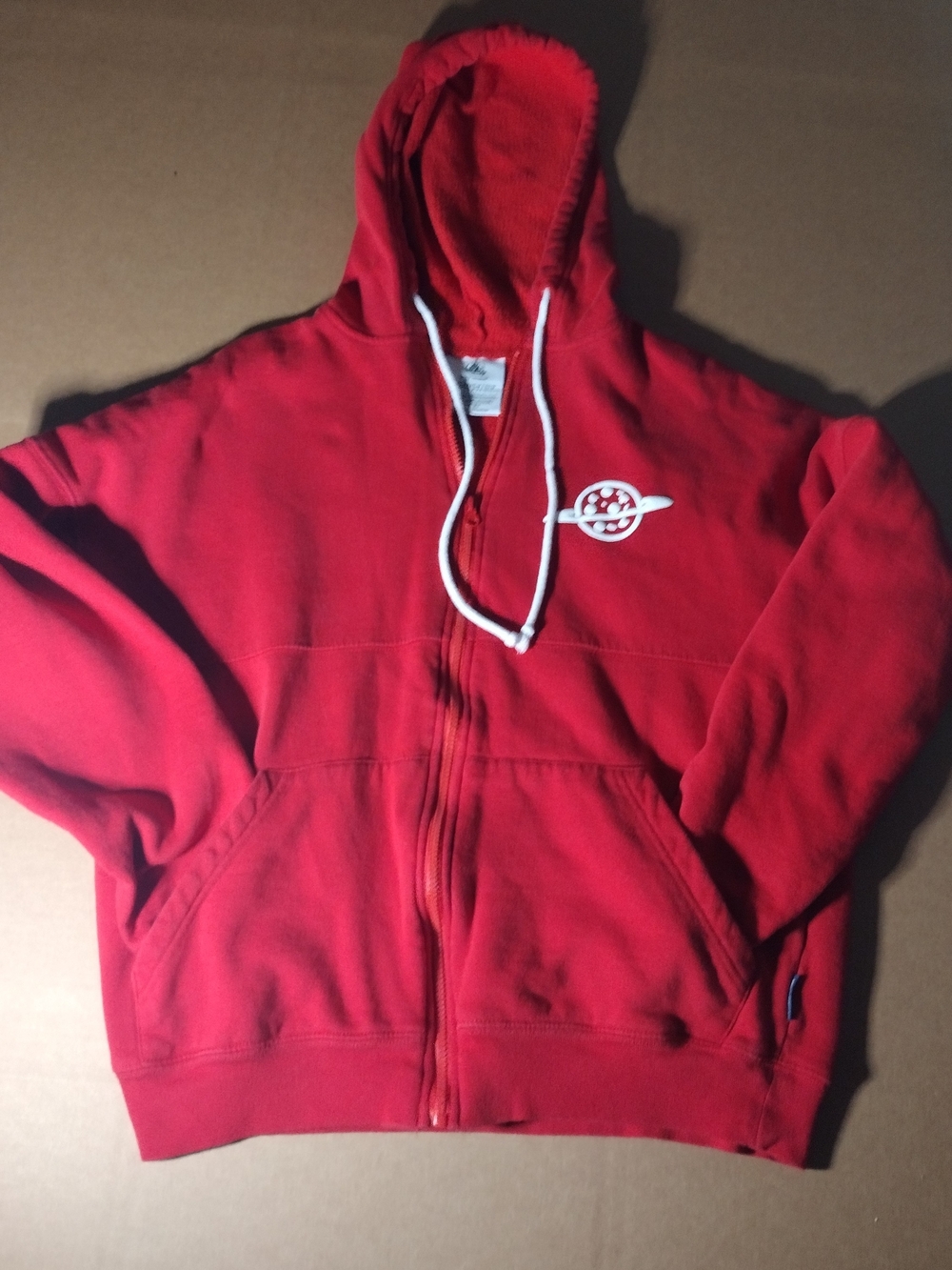 Disney Men's Medium Red Zip-Up Hoodie with White Logo and Drawstrings